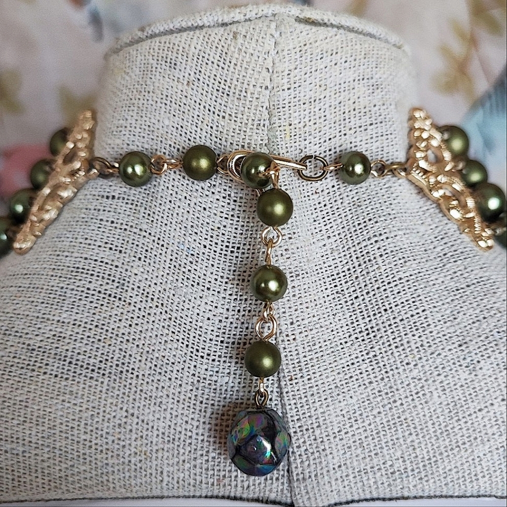 4 Strand Vintage Signed Japan Faux Olive Pearls Glass Oil Slick Clear Necklace - Picture 6 of 11